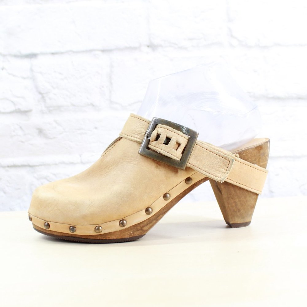 SANITA Brown Leather Wood Heel Backless Ankle Stra - Picture 1 of 9